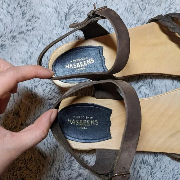 Swedish Hasbeens Brown Sandals Tan Wooden Leather Open Toe Clogs Size 40 US 10 - Picture 8 of 12